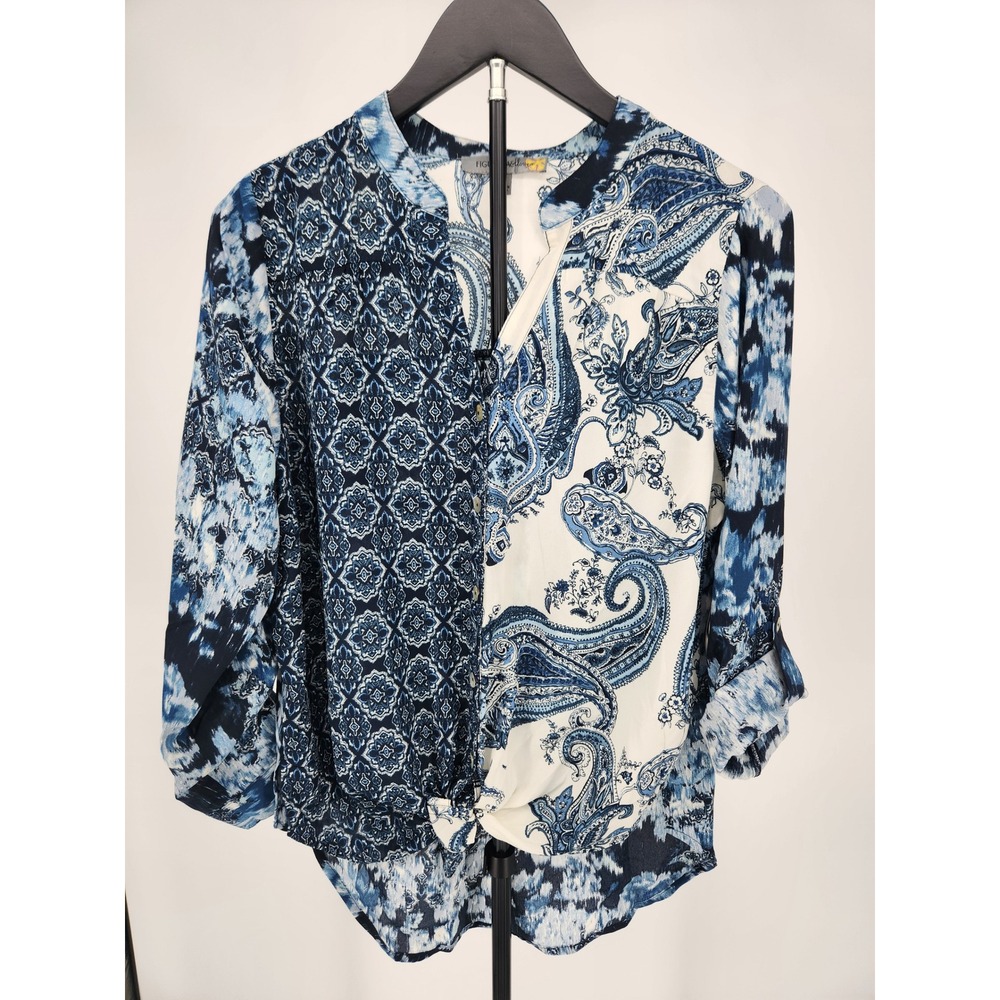 Figueroa & Flower Womens Blue Mixed Print Paisley Tie Dye Blouse NWT Size M
